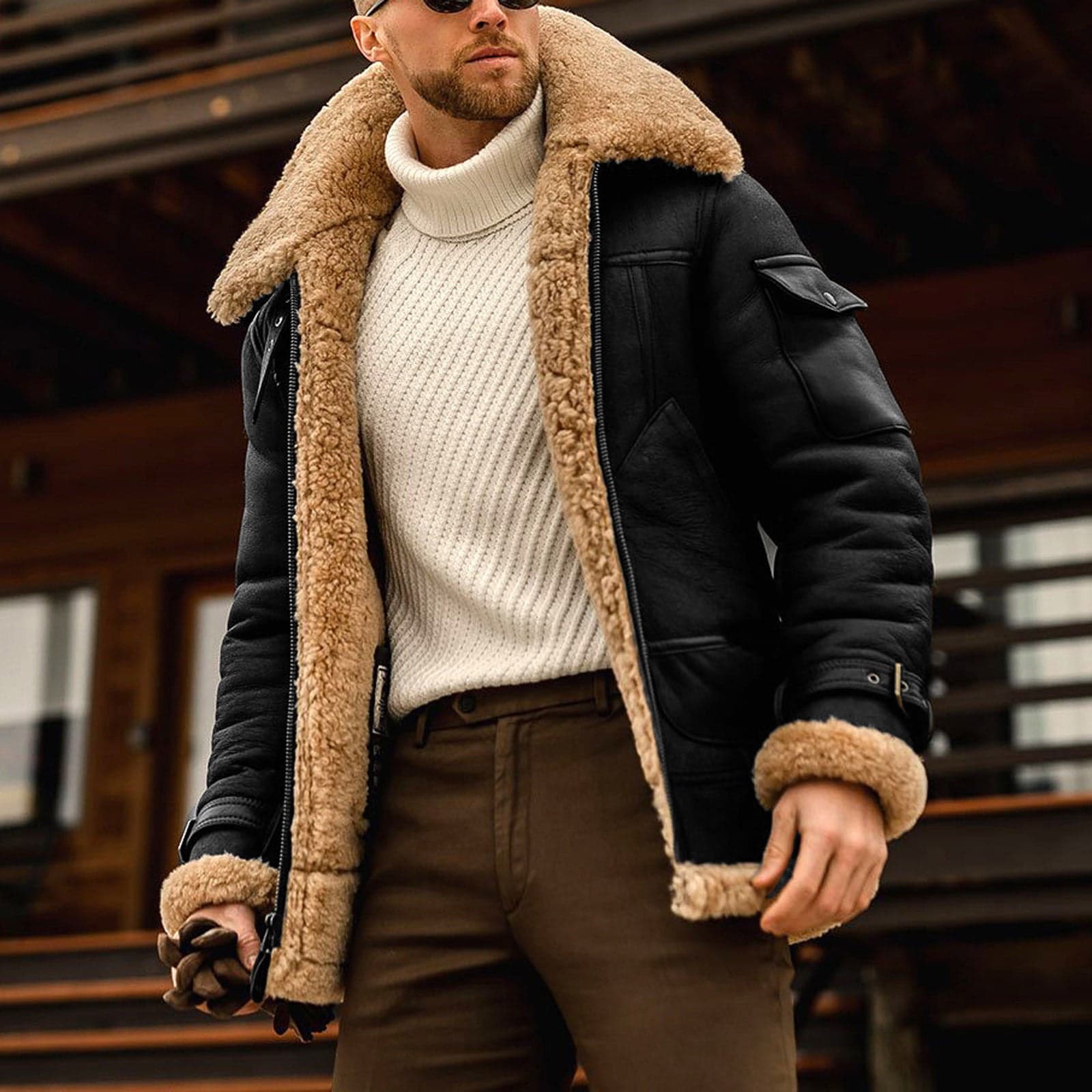Men's Sherpa Faux Shearling Heavyweight Work Jacket BLACK  M
