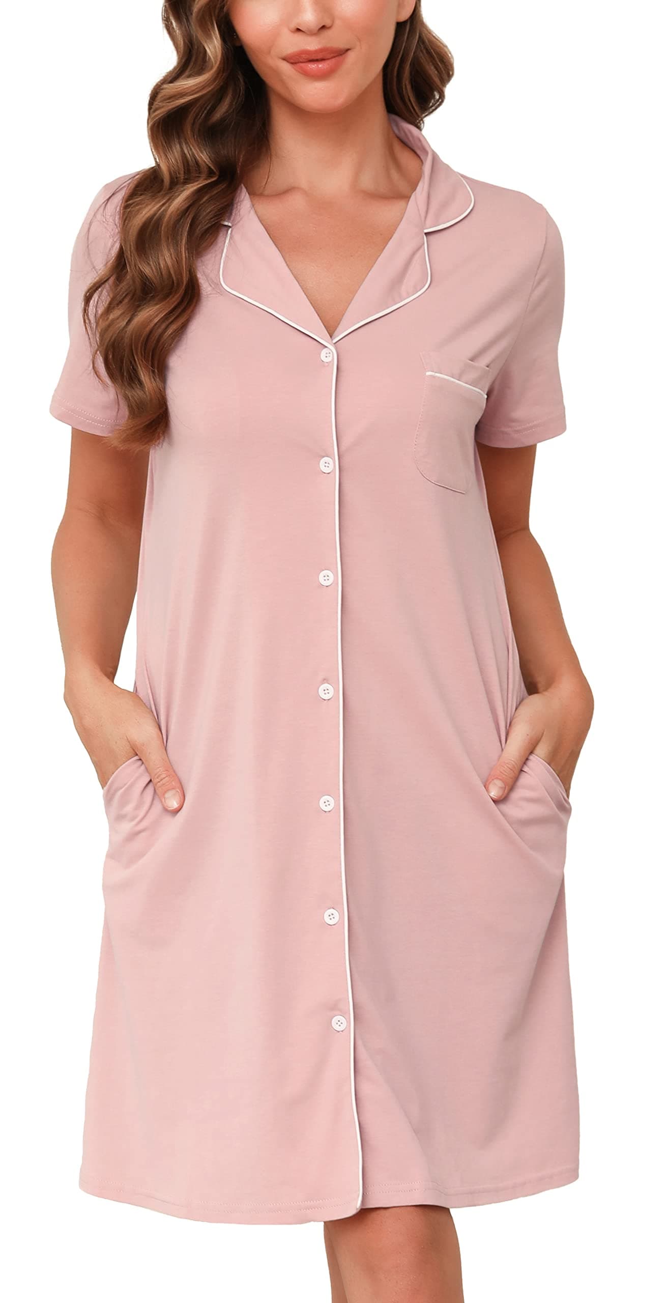 Women's Short Sleeve Knit Nightshirt, Button Up V-neck Sleepshirt, Pajama Top BL