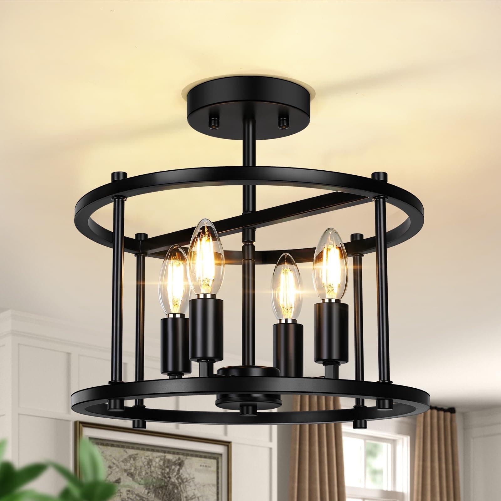 Modern Industrial Black 4-Light Ceiling Pendant, 70” Cord, 17”H x 16.3”W Fixture