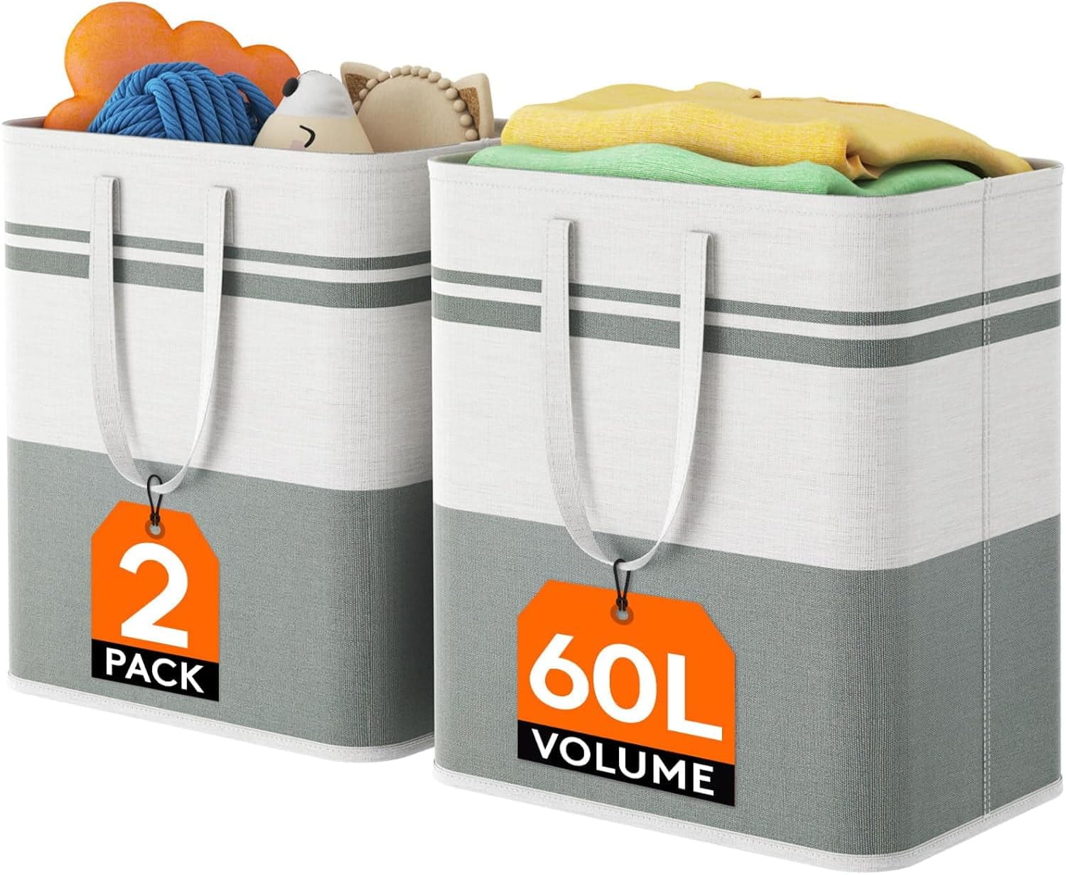 Foldable Waterproof Laundry Hamper Basket with Handles – Grey Stripe