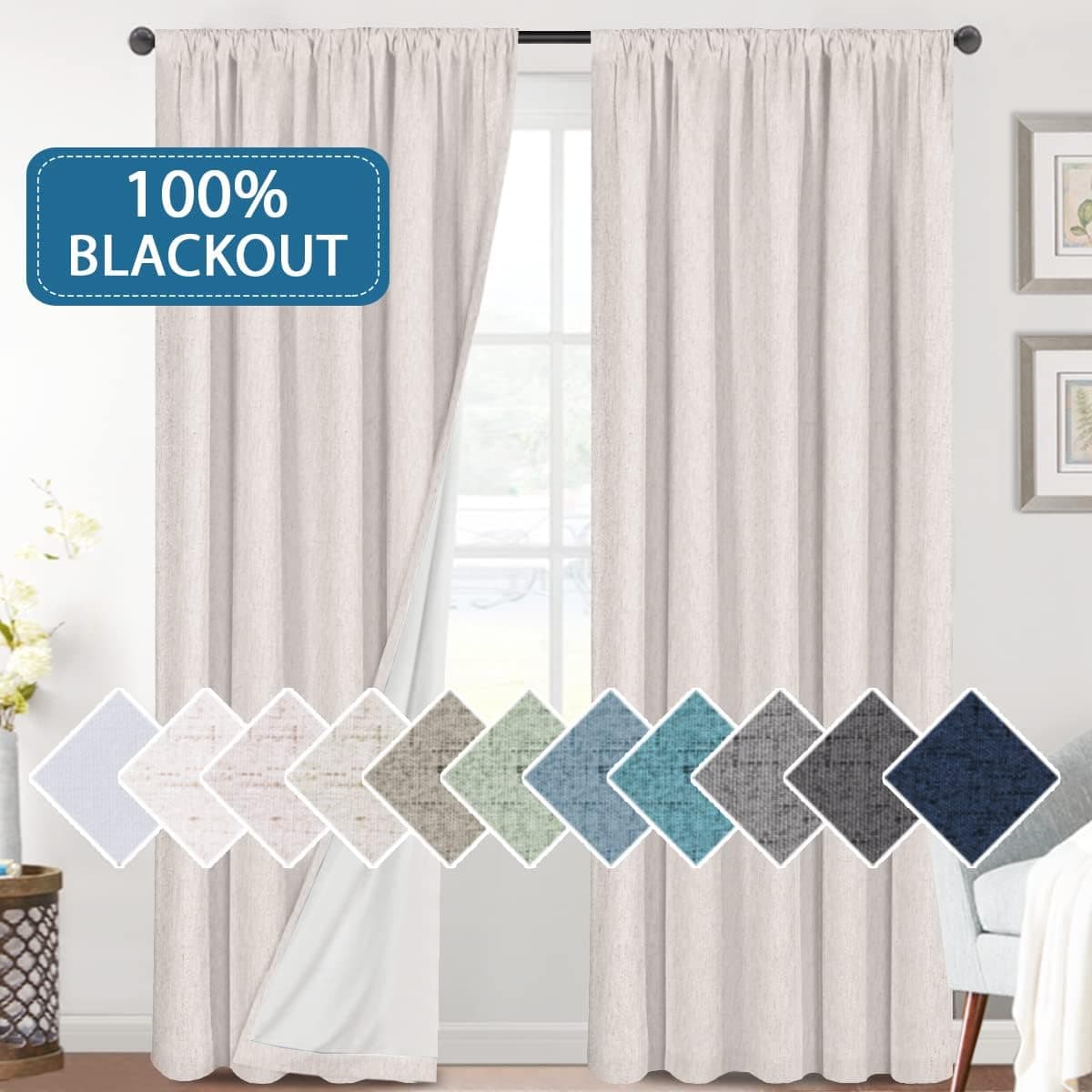H.VERSAILTEX Linen Blackout Curtains 84 Inches Long 100% Blackout Thermal Insula