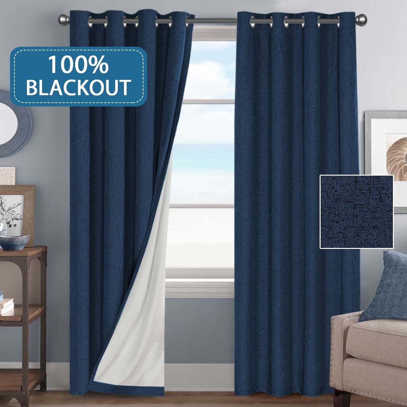 PrimeBeau PBPOCoatingNavy-52108 Blackout Curtain Drapes 52" x 108" 2 Panels