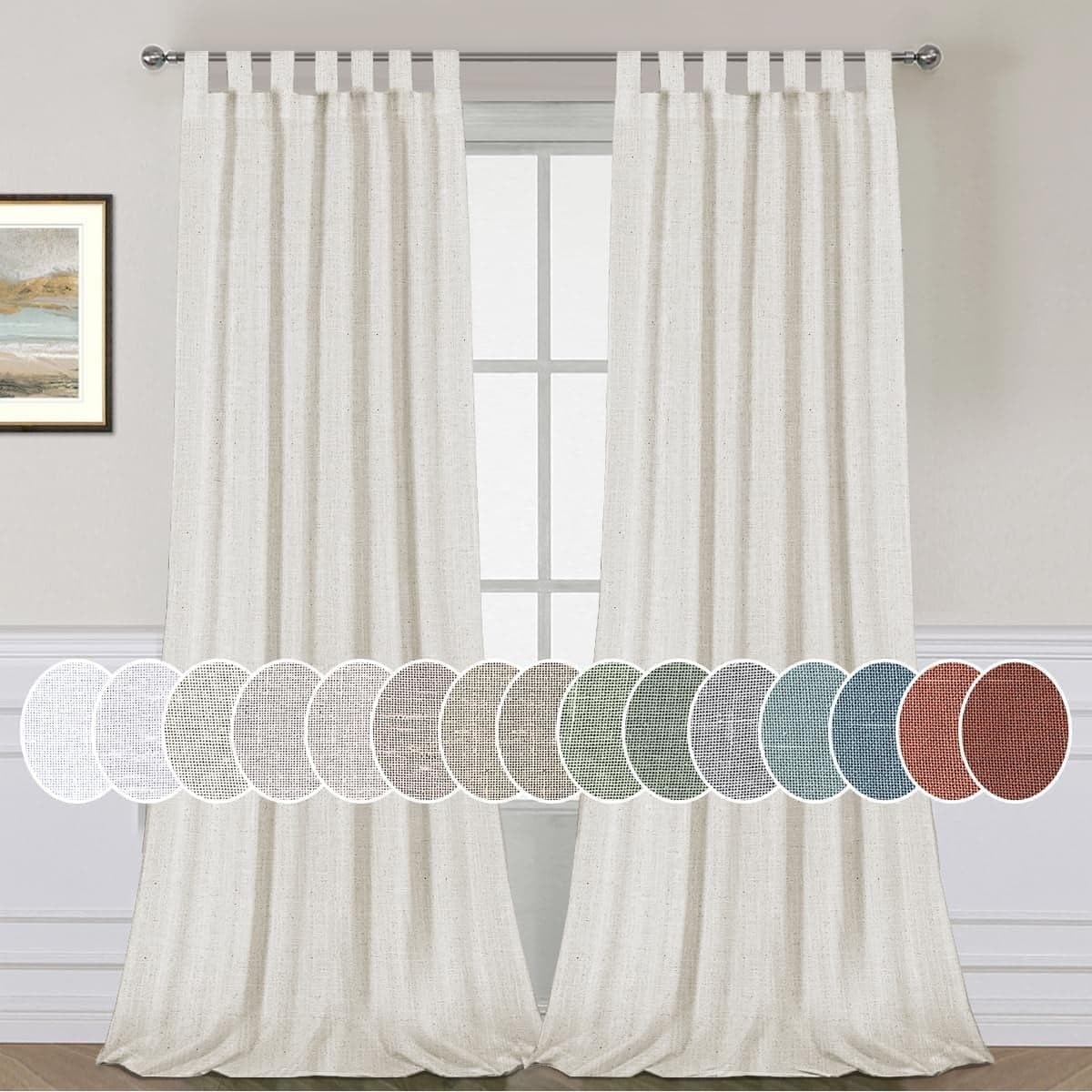 PrimeBeau Linen Curtains Natural Linen Blended Curtains Tab Top Window Treatment