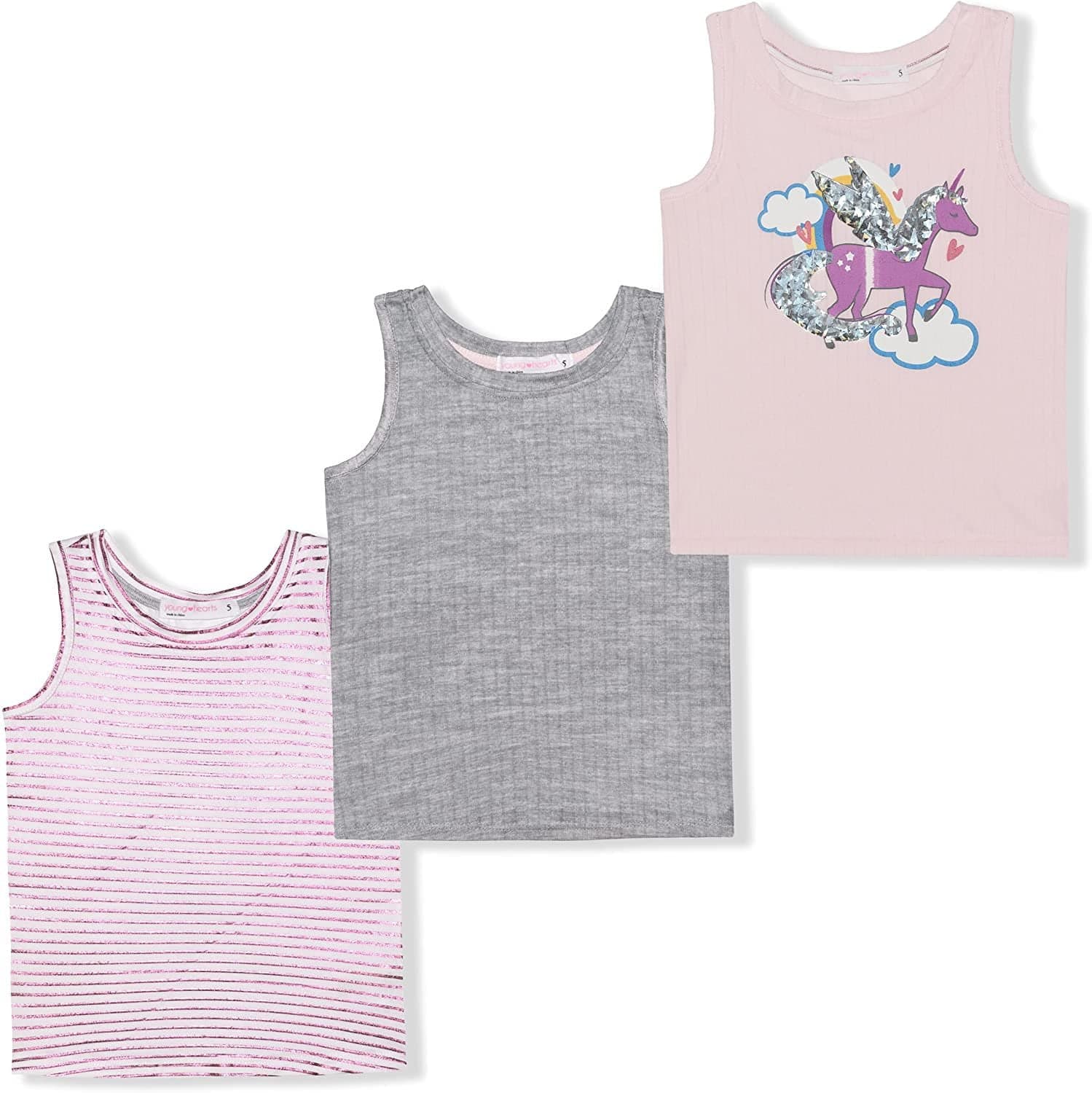 Young Hearts Magical Unicorn Girls’ 3 Pack Tank Top for Toddler, Little and Big