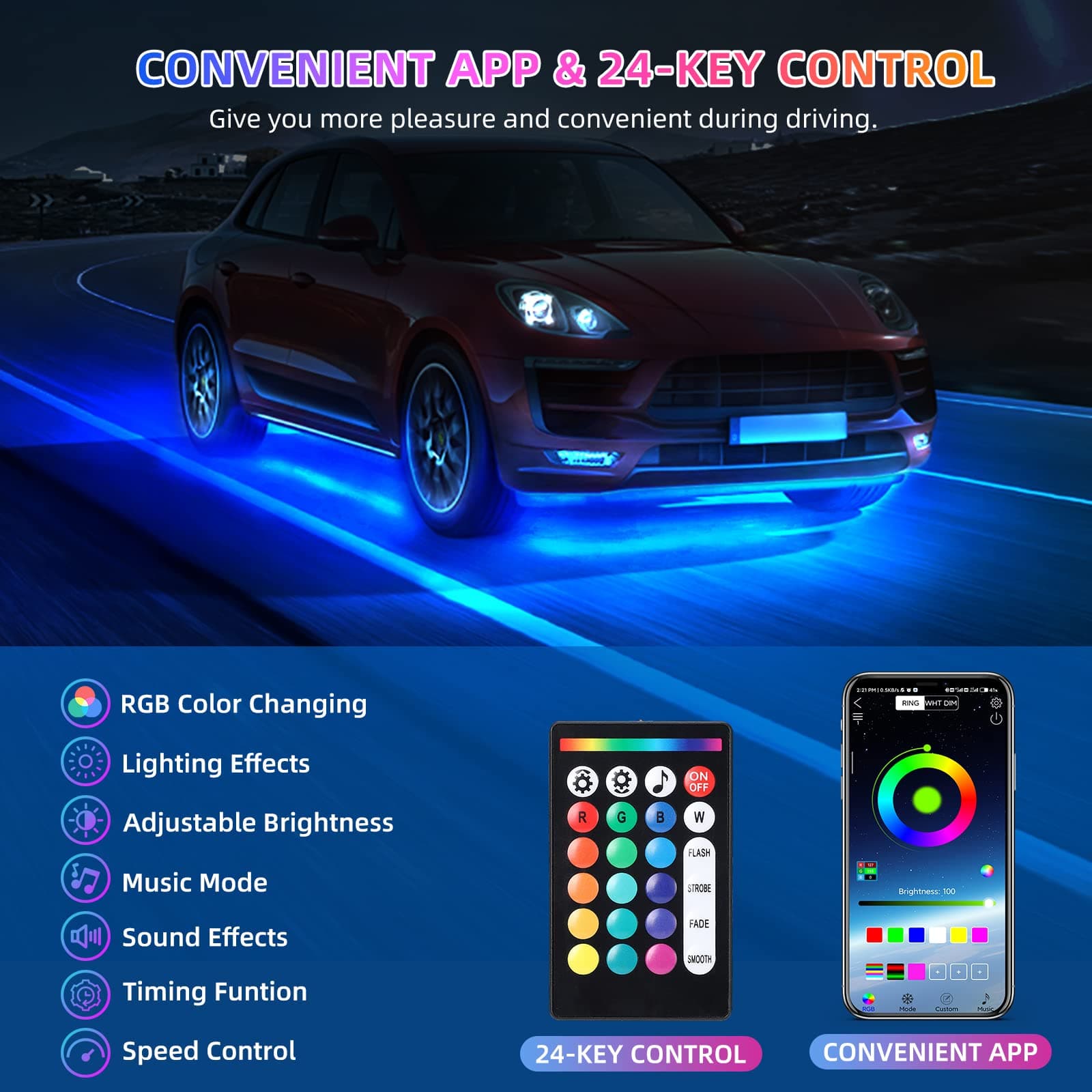 LED Neon Accent RGB Lights w/ Velocity Model for Car Strip Light w/ App Control