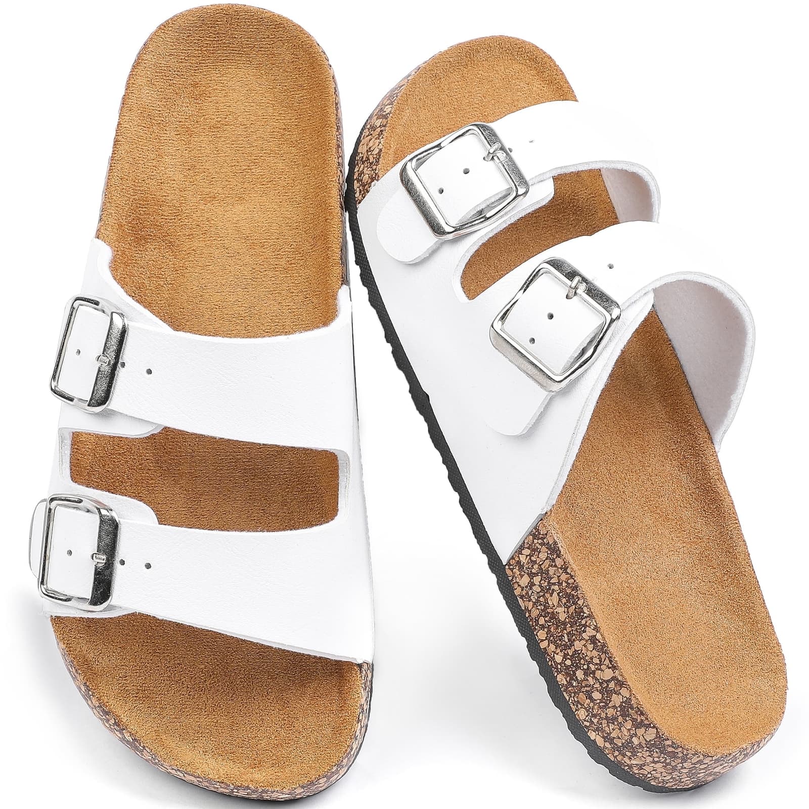 Women's Cork Footbed Sandals Double Adjustable Buckle Slide Sandals Slip On Walk