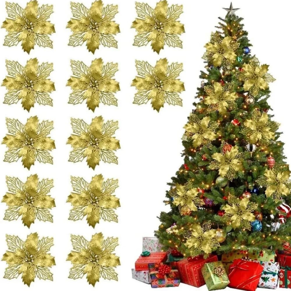Glitter Christmas Poinsettia Hanging Flowers Xmas Party Tree Decoration US