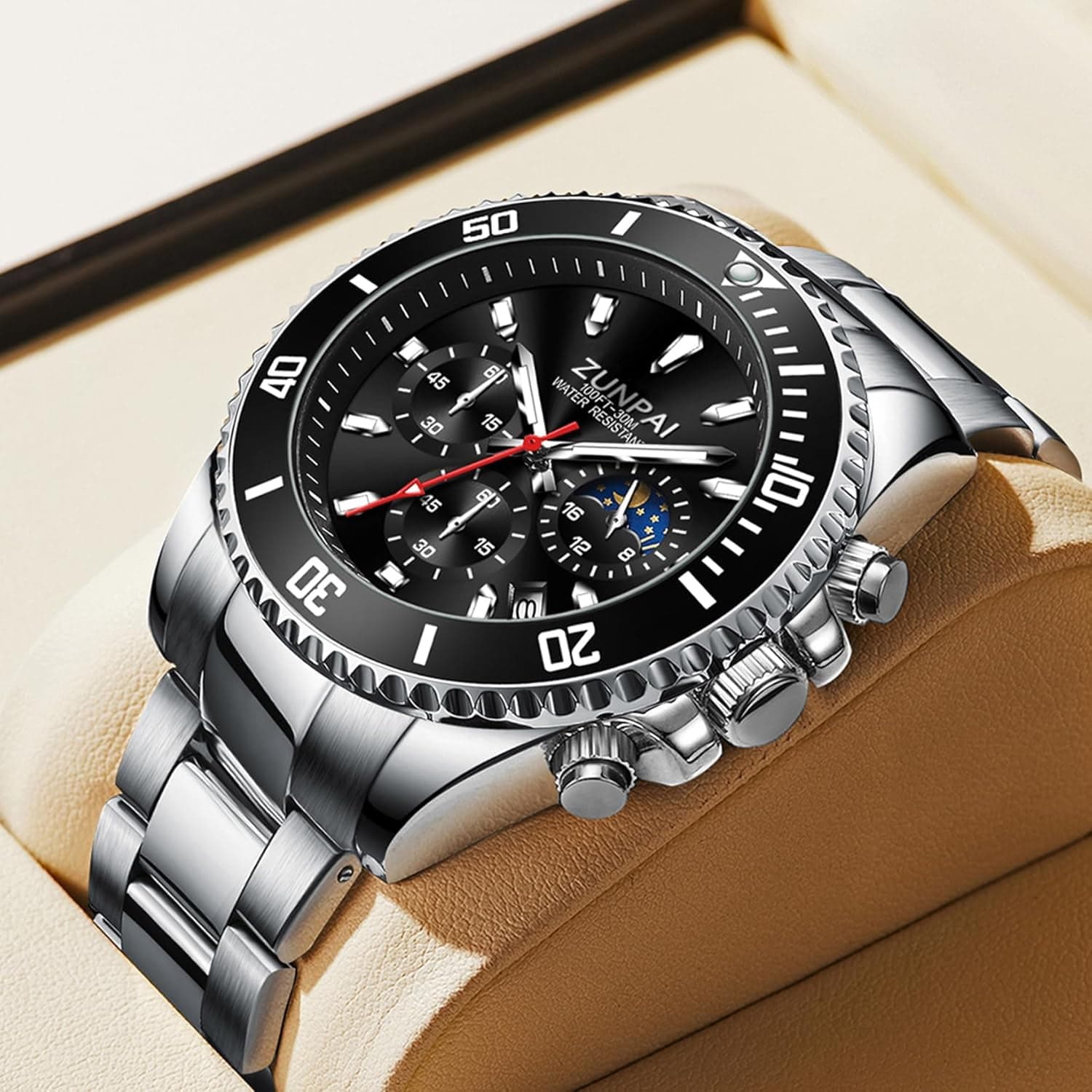 Men's Multifunction Chronograph Illuminated Watch in Stainless Steel