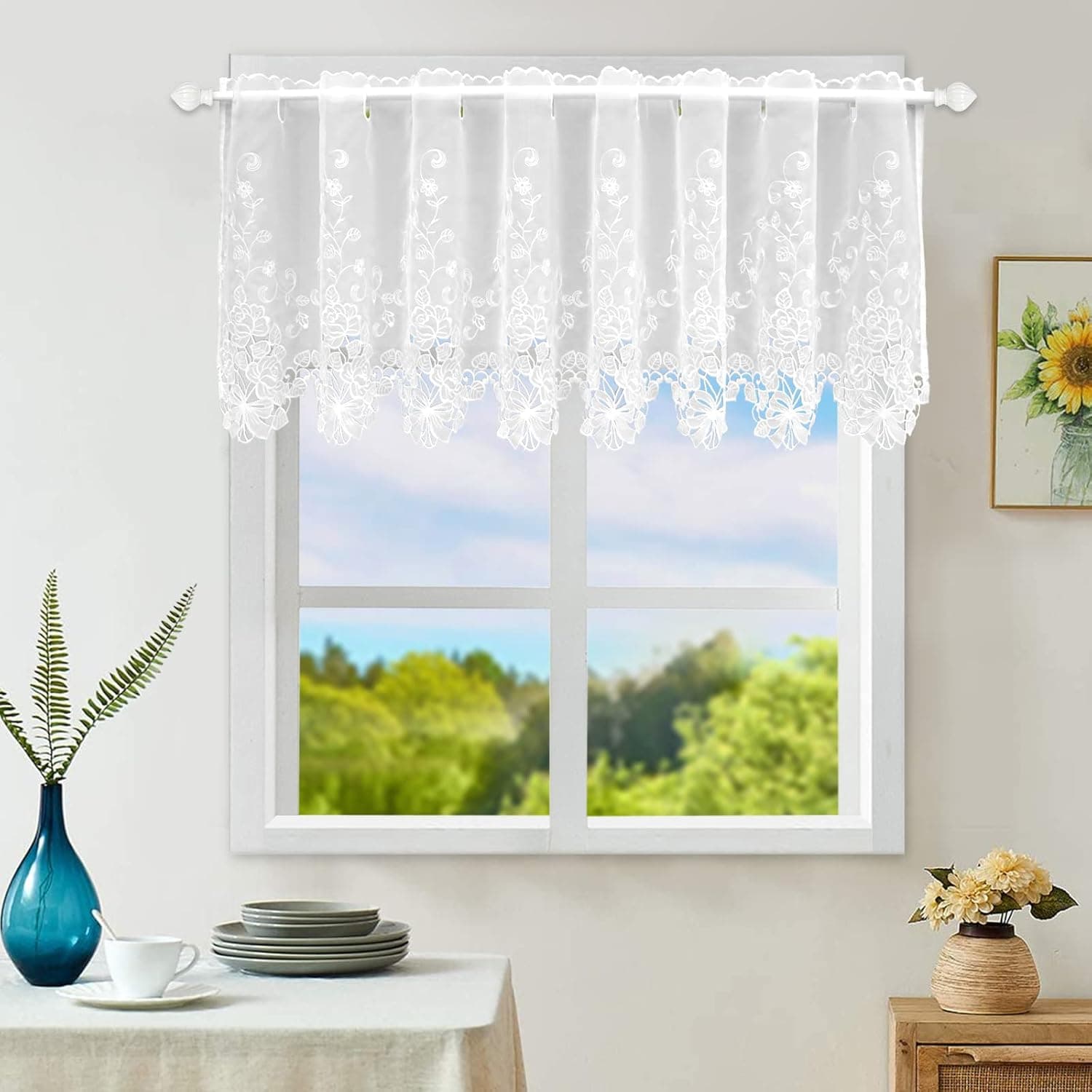 ZHH White Lace Valance Curtains Embroidery Semi Kitchen Valances H 15” x W 59”