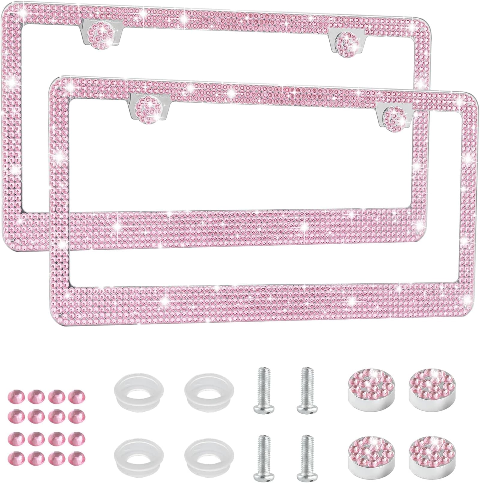 2pcs-Pink-Bling  Glitter Crystal RhineStone License Plate Frame. New In Box.