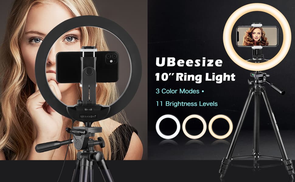 UBeesize 10.2" Selfie Ring Light with 50" Tripod Stand & Flexible Phone Holder f