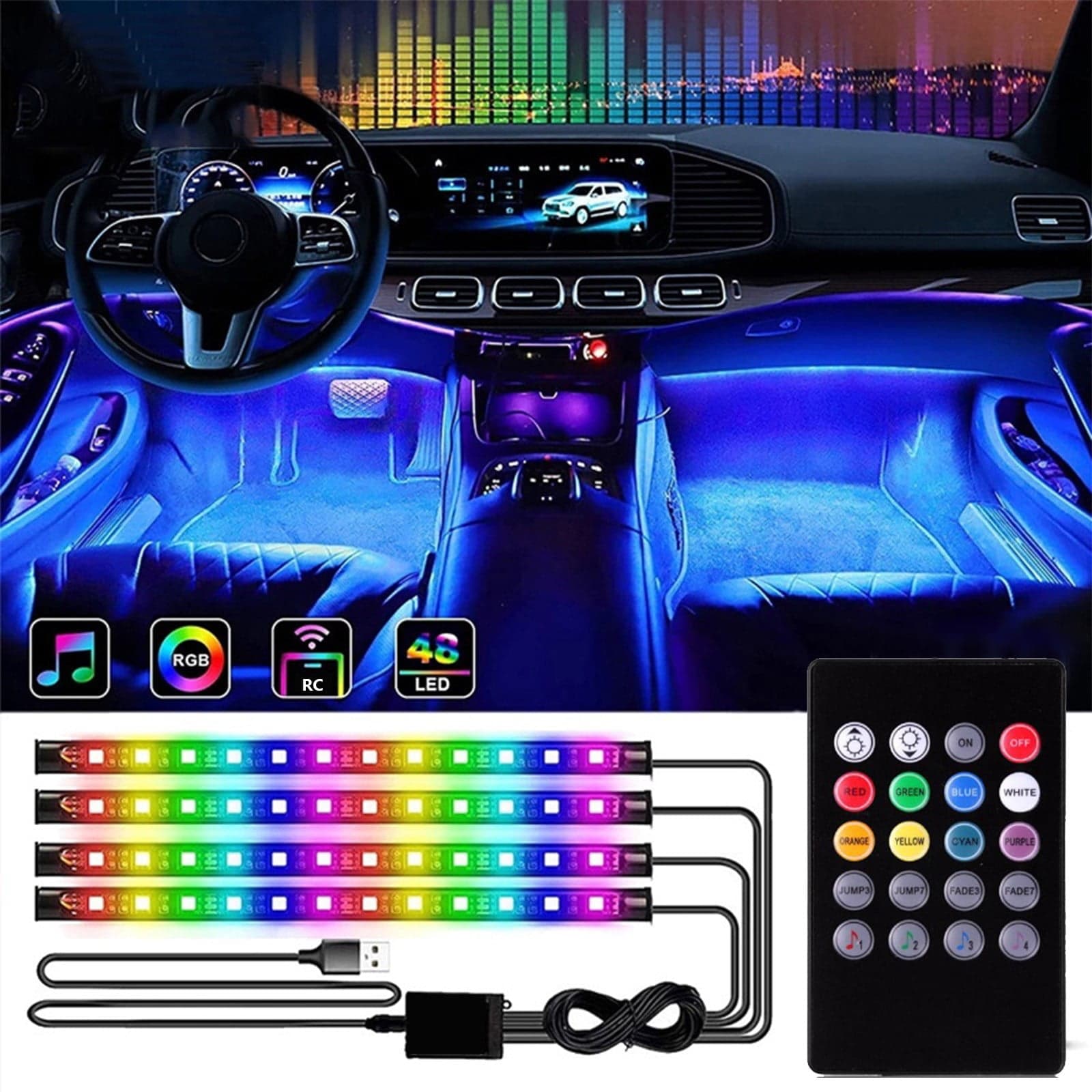 H6185-Car Interior LED Strip Lights – 4PCS (2×47.2in + 2×35.4in), 12V,