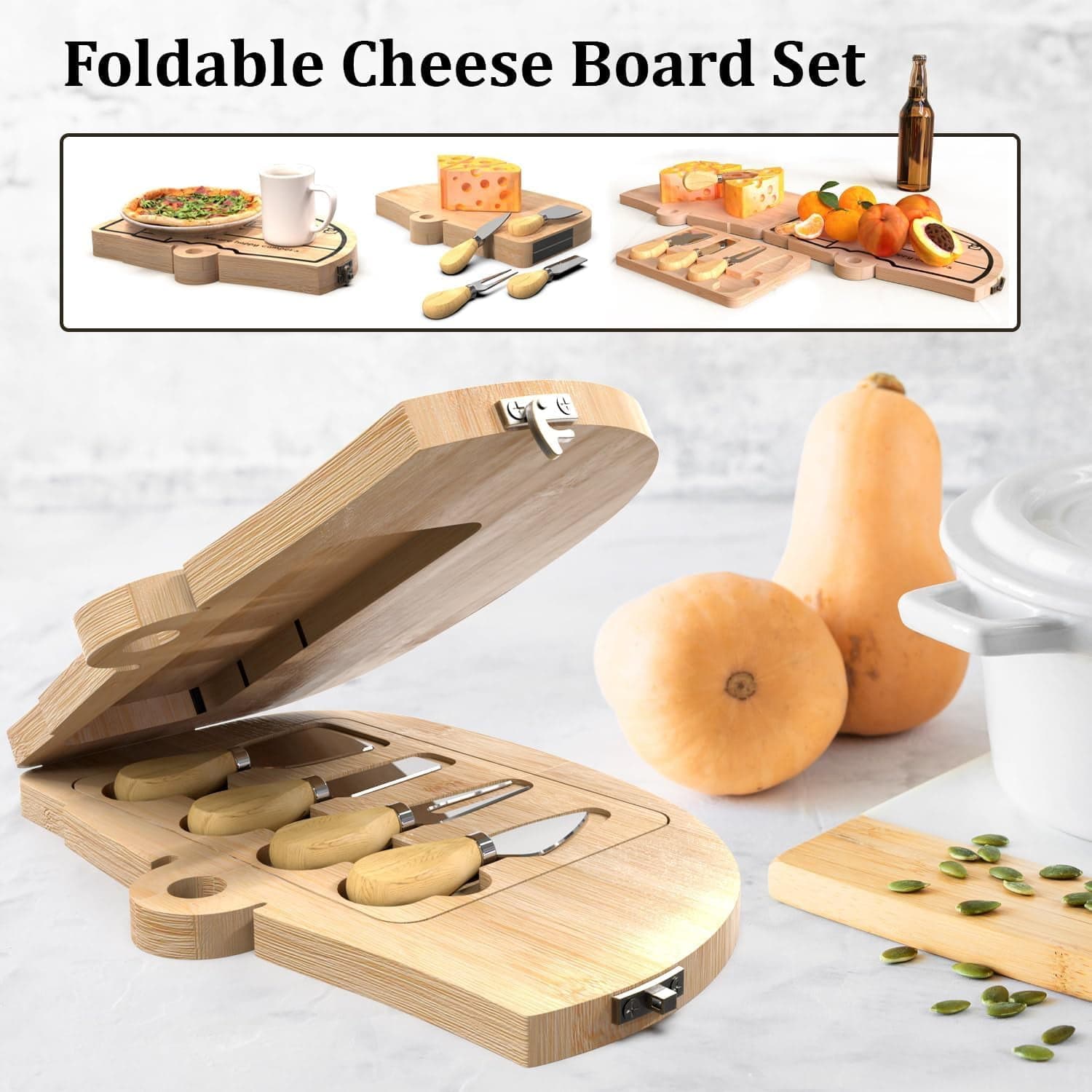 Bamboo Cutting Board Gift Set with Cheese Baking Knife and Tassel Keyring, Half