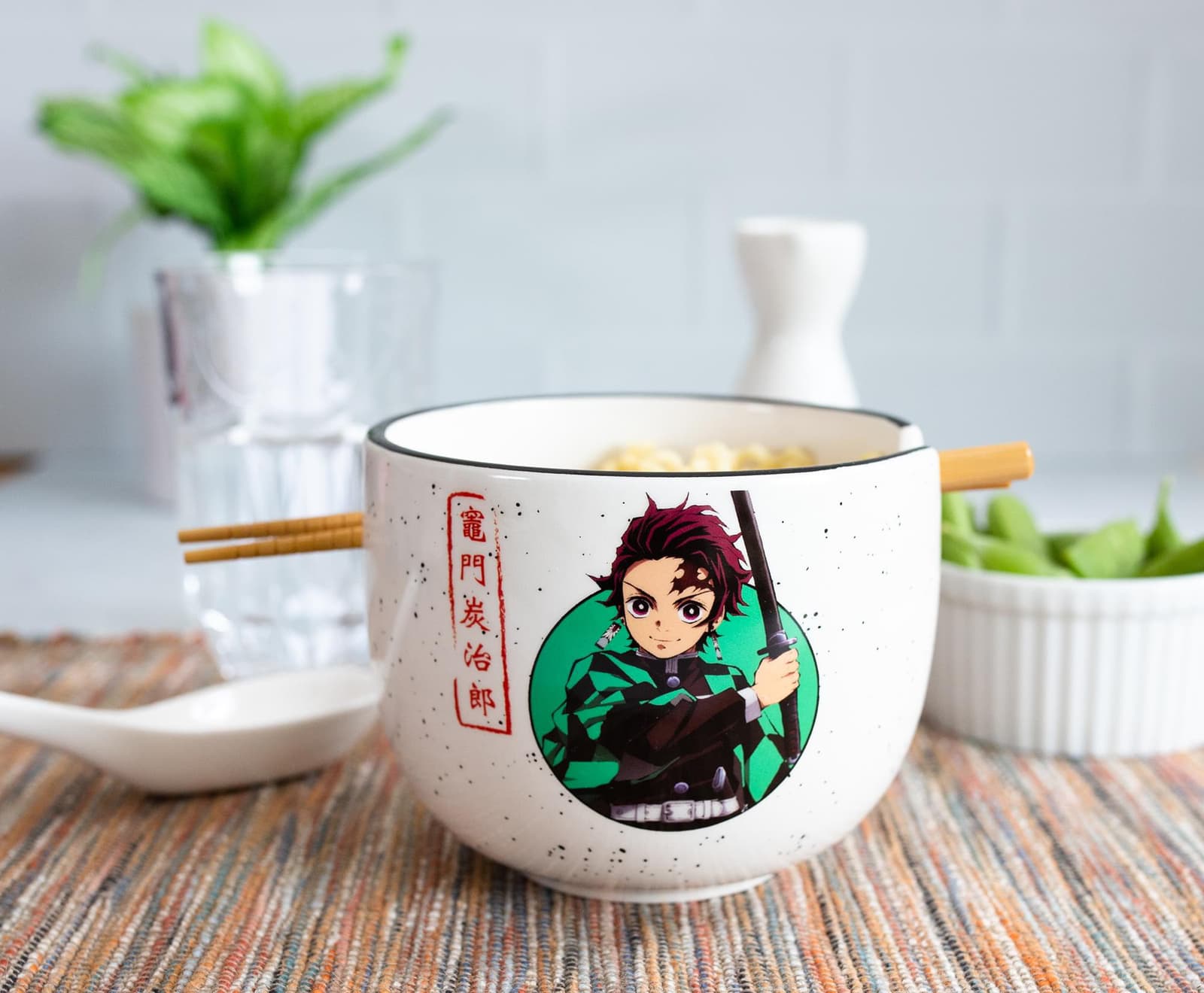 2 pcs Demon Slayer Tanjiro Fox Mask 16 oz Ramen Bowl Chopsticks Ceramic Clouds