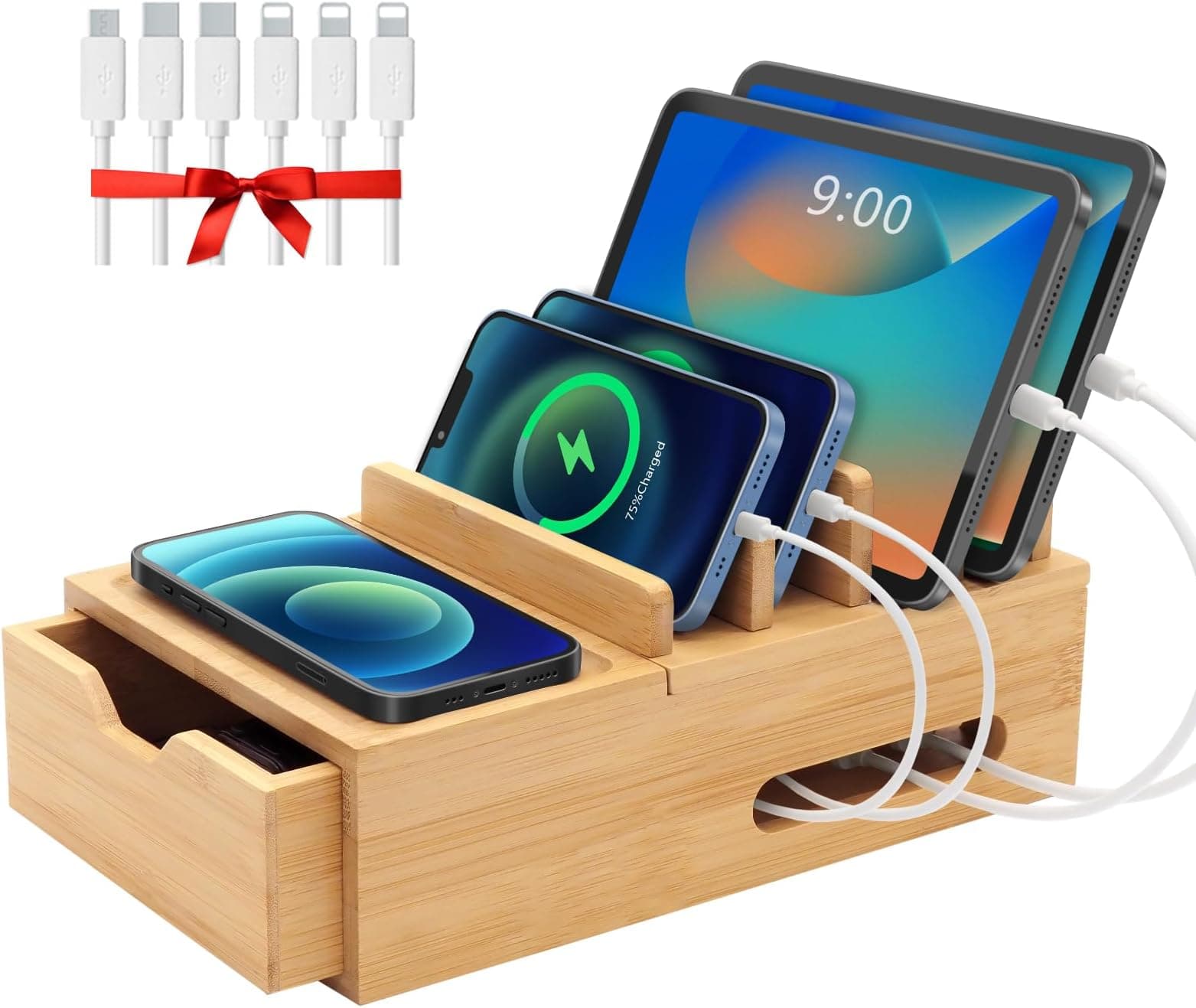 Wooden Multi-Device Charging Dock Station with Organizer for Phone & Accessories