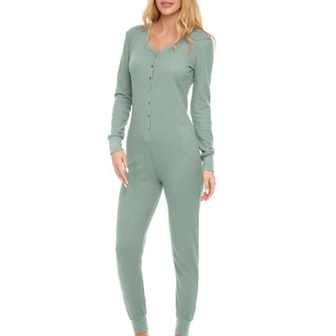 Women's Waffle Knit Thermal  Pajama Romper green Size XL