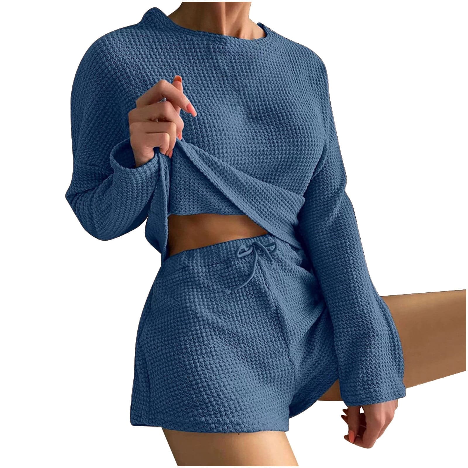 Women's Waffle Knit Pajama Romper Color :Shadow Blue , Size : XL