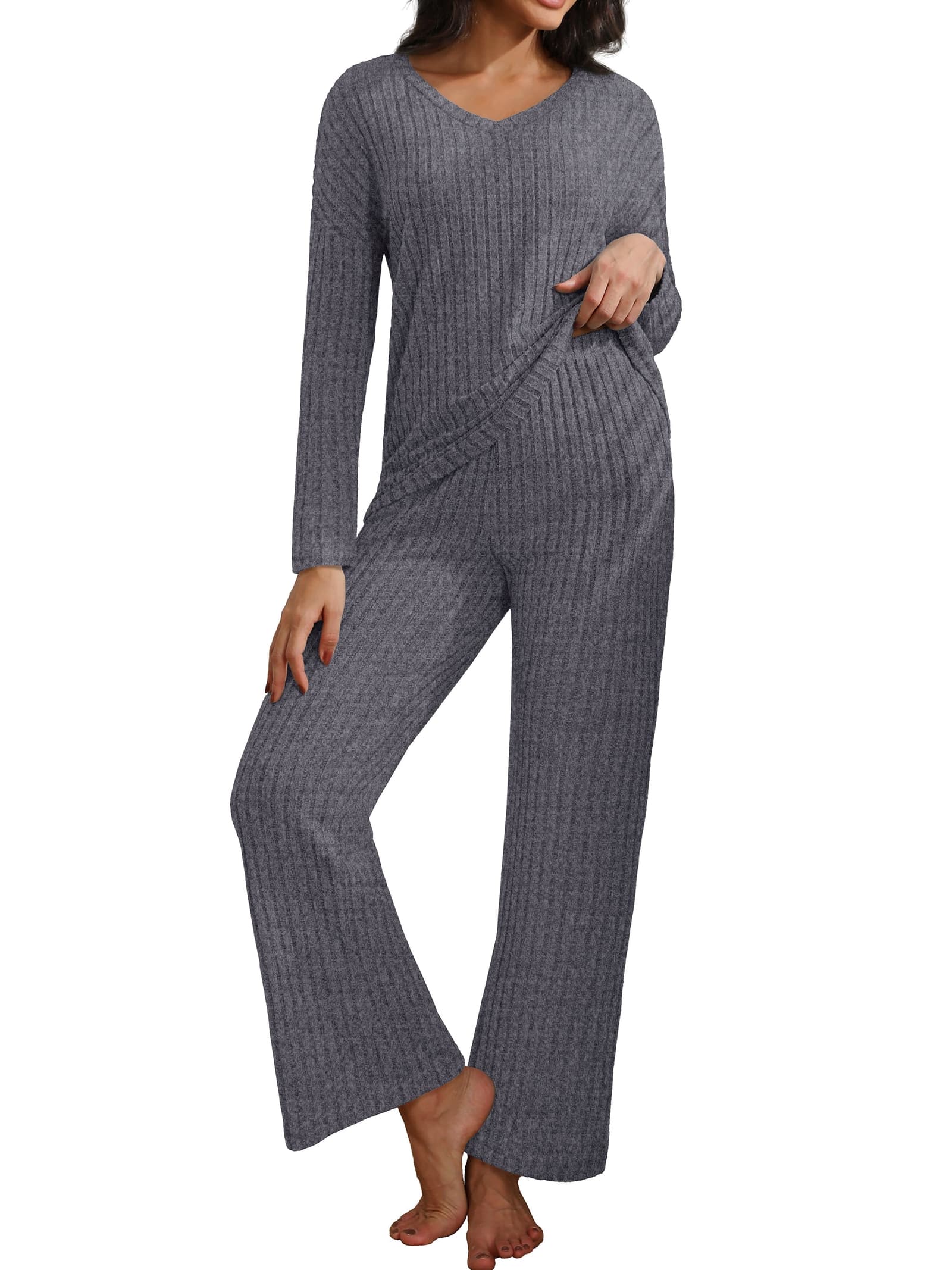 Women's Knit Pajamas Set, Long Sleeve Top and Pajama Shorts,Color:Black,Size:XL