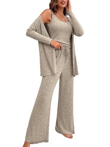 Women’s 3-Piece Knit Pajama Set – Shadow Beige, Size M