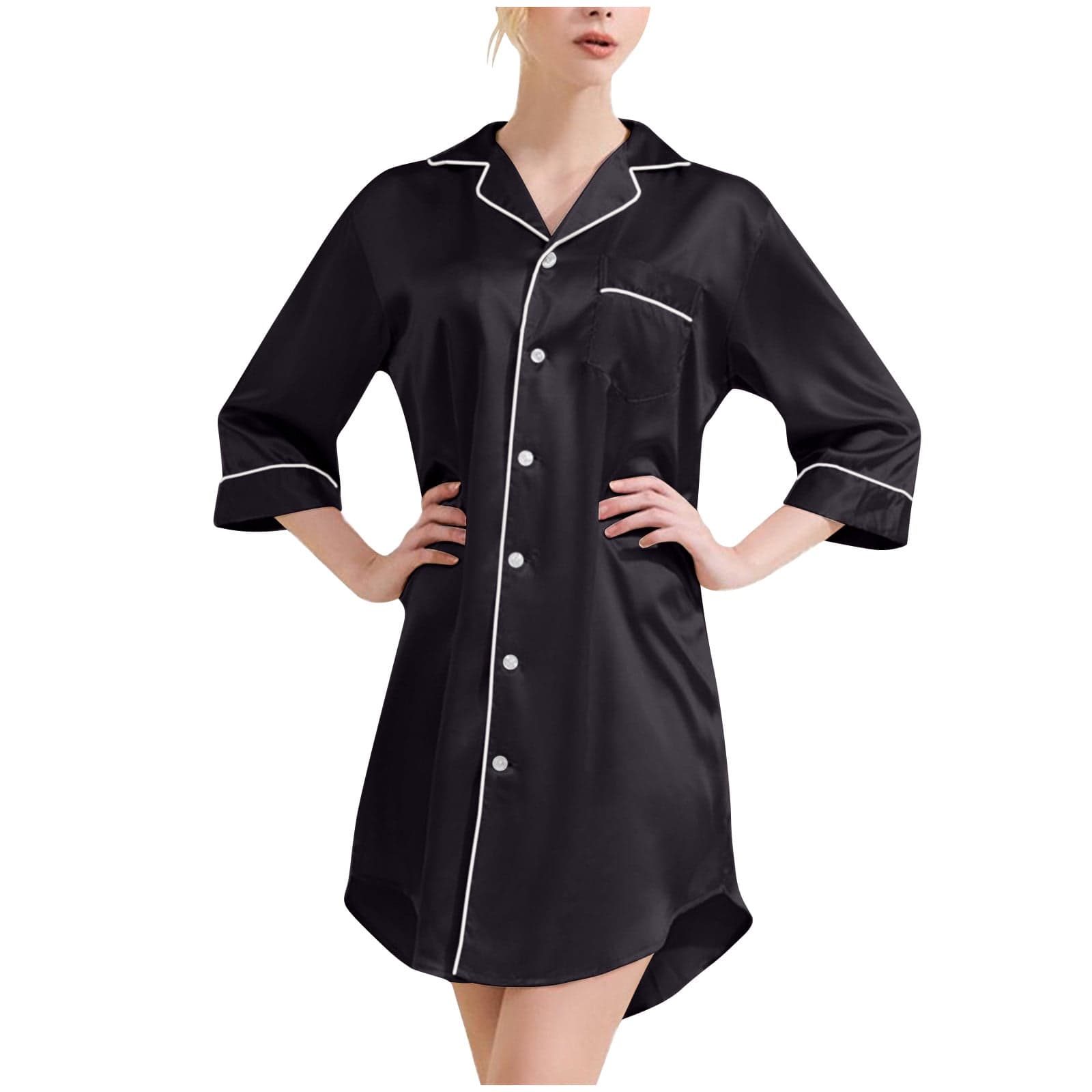 Nightshirt, Lightweight Button Down Pajama Top black Size S