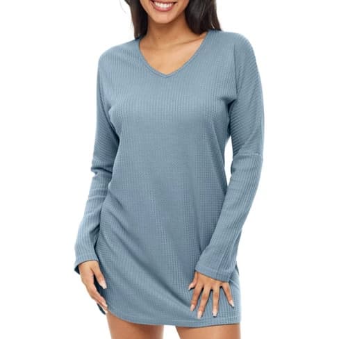 Women's Long Sleeve Knit Nightshirt, V-Neck Sleepshirt, Pajama Top  Color:：Blue