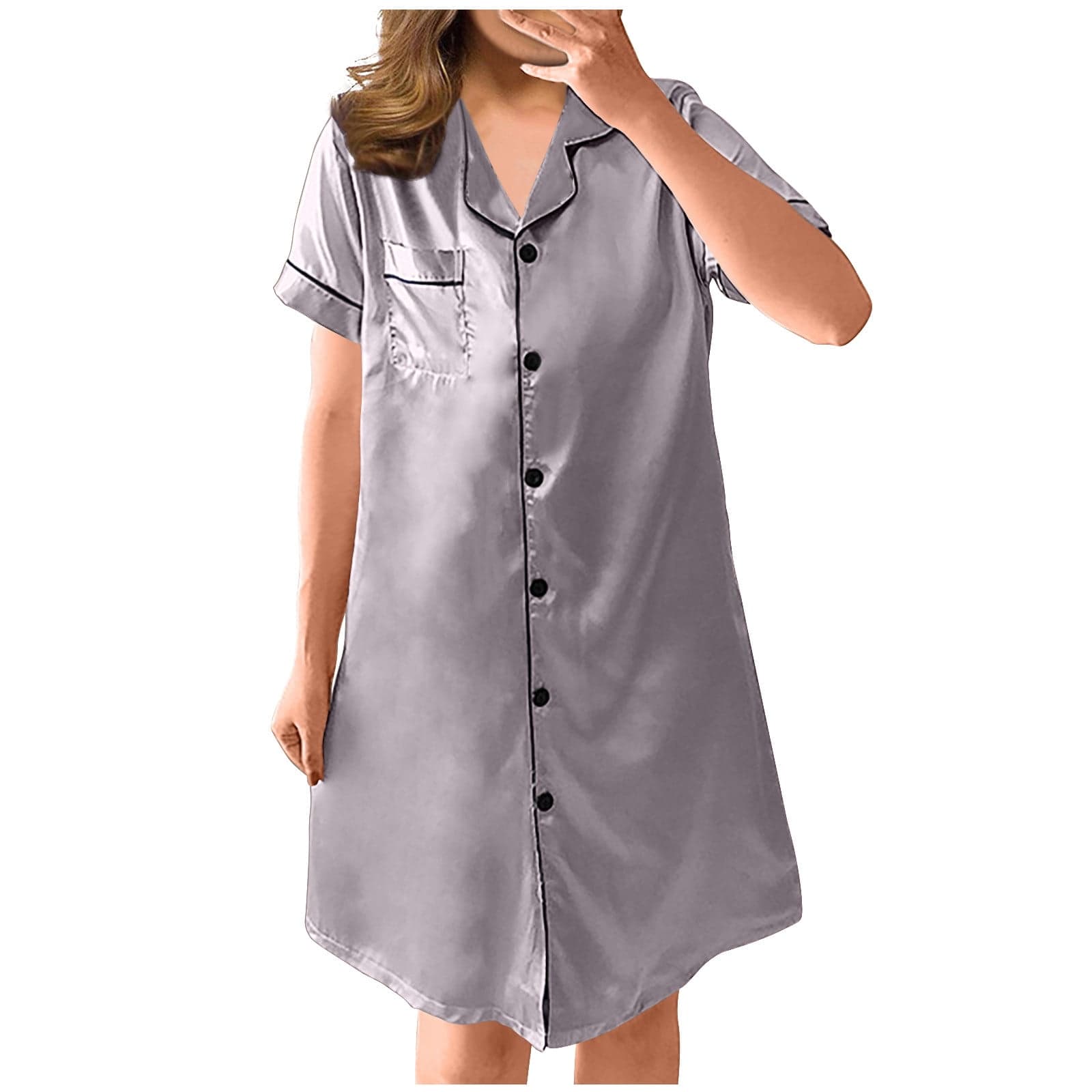 Short Sleeve Nightshirt, Lightweight Button Down Pajama Top Shadow Beige L