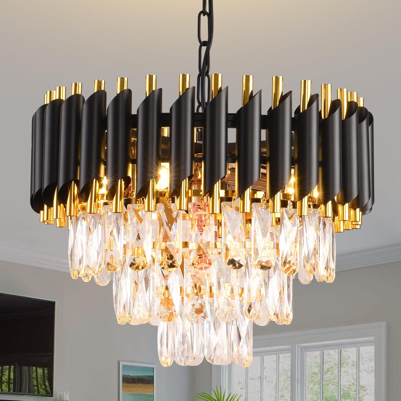 Modern Black Gold Chandelier Ceiling Light Fixture 33", 12-Lights Sputnik Decor