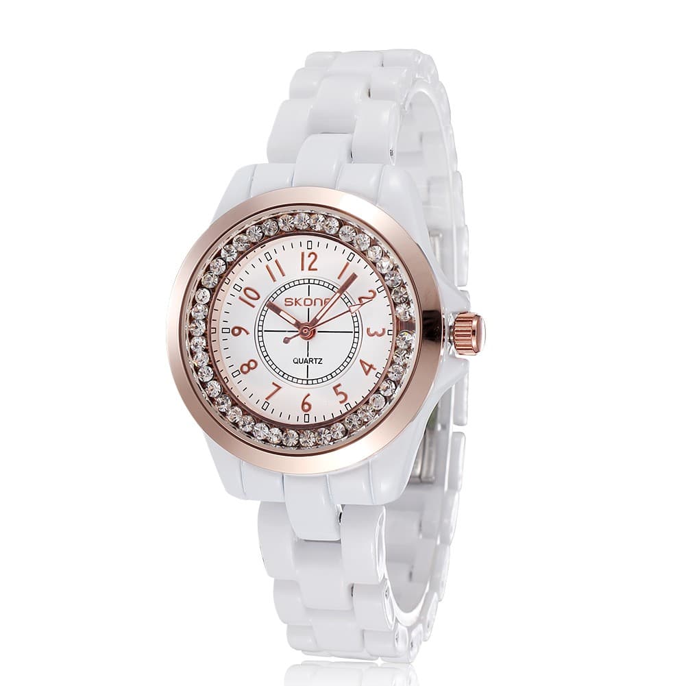 Rhinestone White Ceramic Watch Casual Lady Nice Dress Watches (Pink)