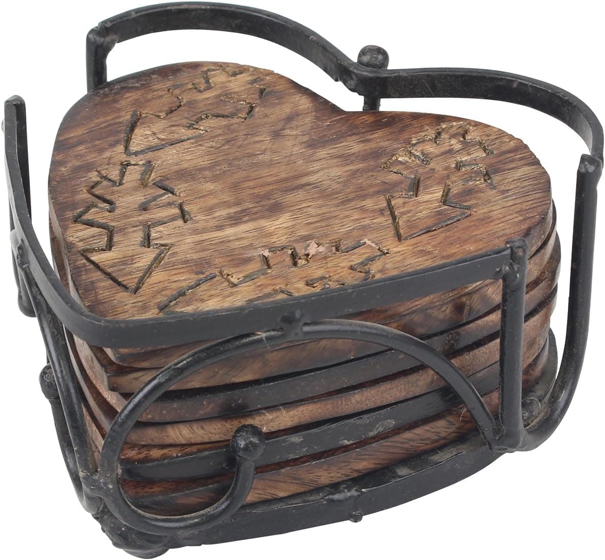 Rustic Sturdy Wooden Heart Coasters - Set of 6 with Holder - Protects Furniture
