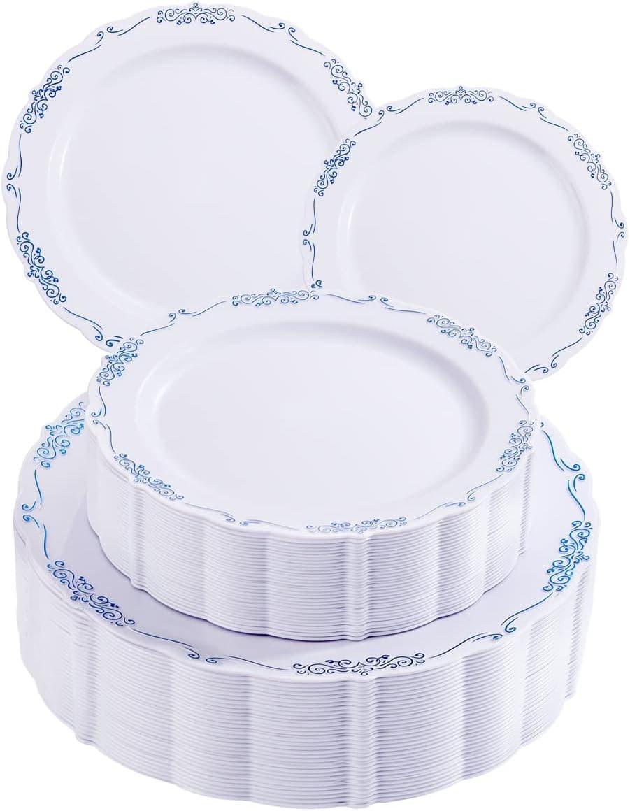 White-Blue Plastic Party Plates (350-Count Bulk Pack)