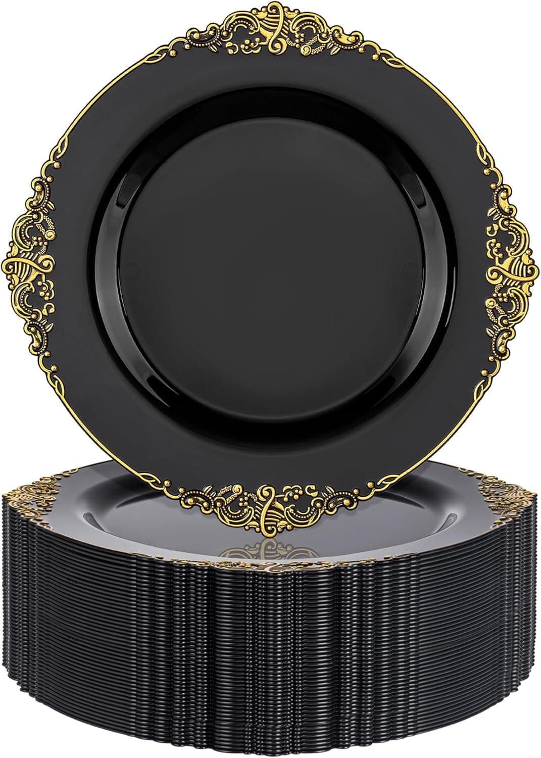 Black-Gold Plastic Party Plates (350-Count Bulk Pack)